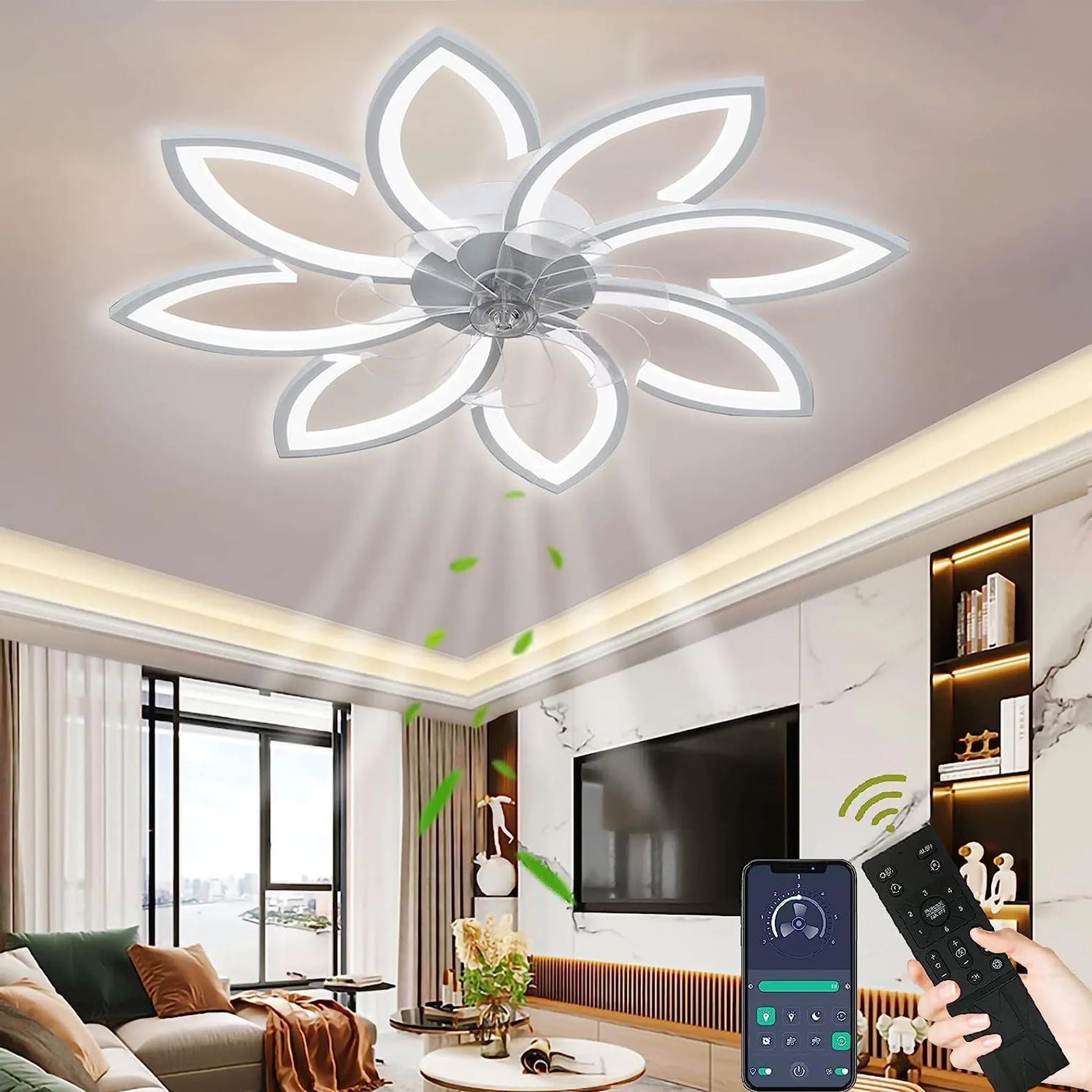 Moderner LED-Deckenventilator mit Blumenmuster und Fernbedienung