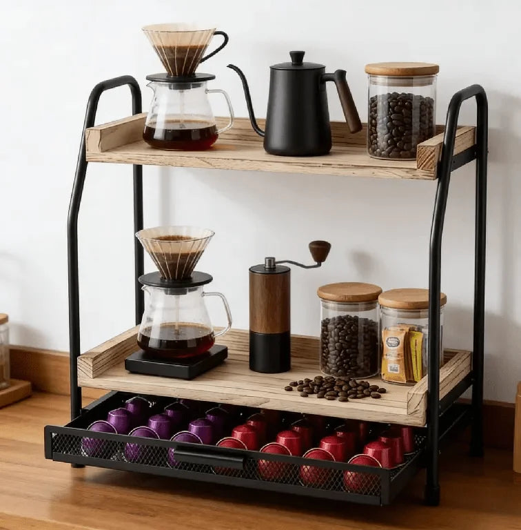 2-stöckiges Aufbewahrungsregal aus Holz für Kaffeestationen