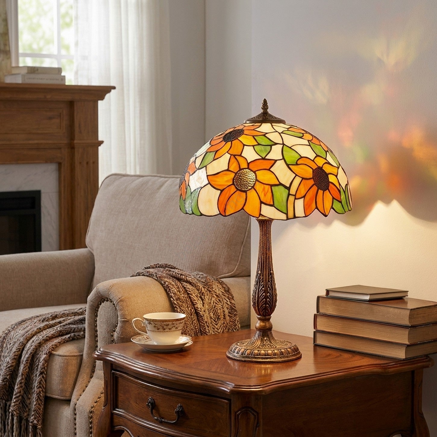 Sonnenblumen-Tischlampe aus Buntglas