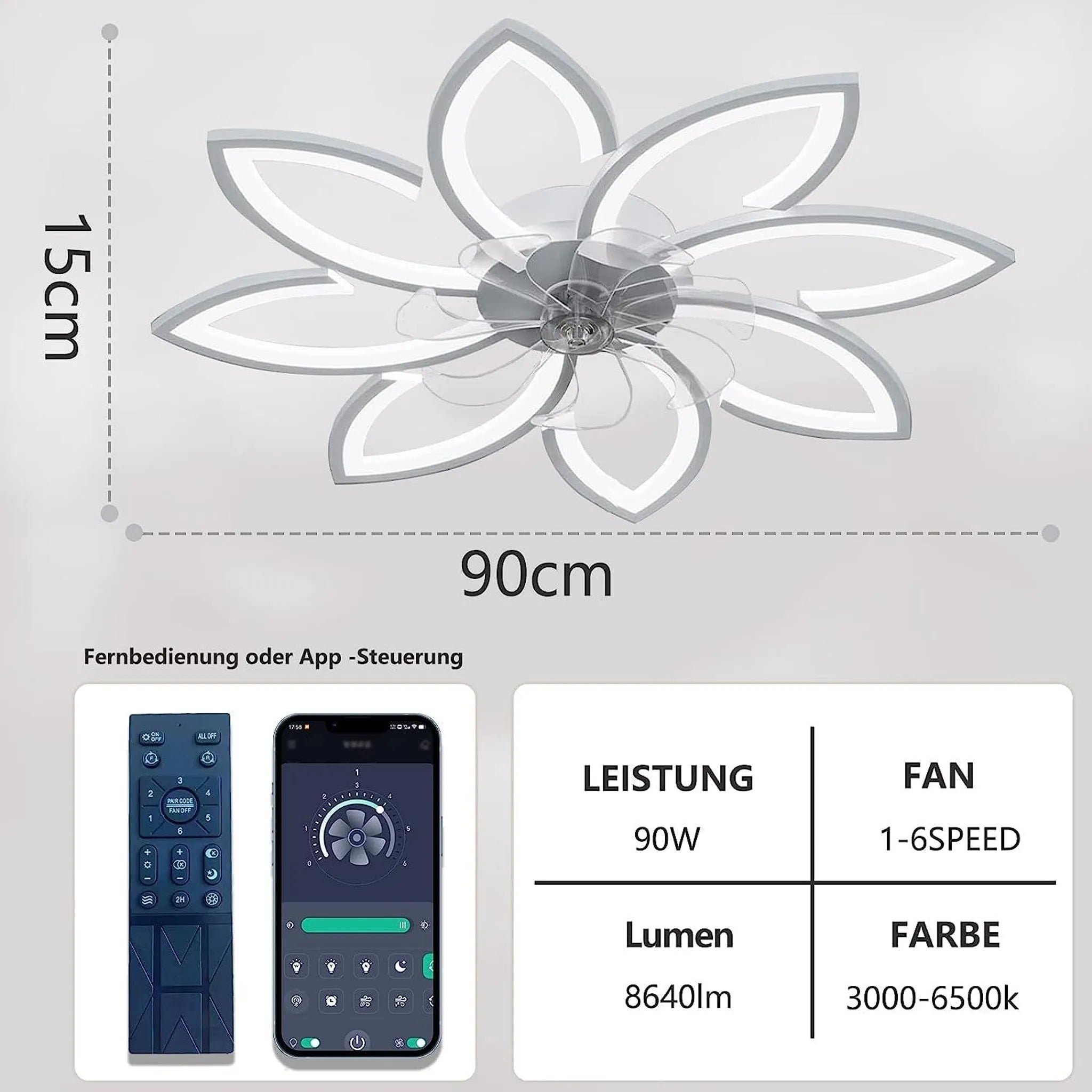 Moderner LED-Deckenventilator mit Blumenmuster und Fernbedienung