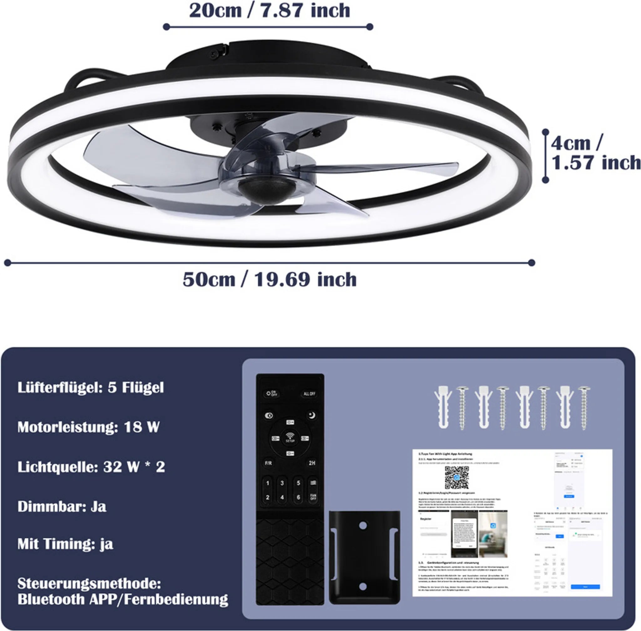 Moderner LED-Deckenventilator mit Fernbedienung und App-Steuerung